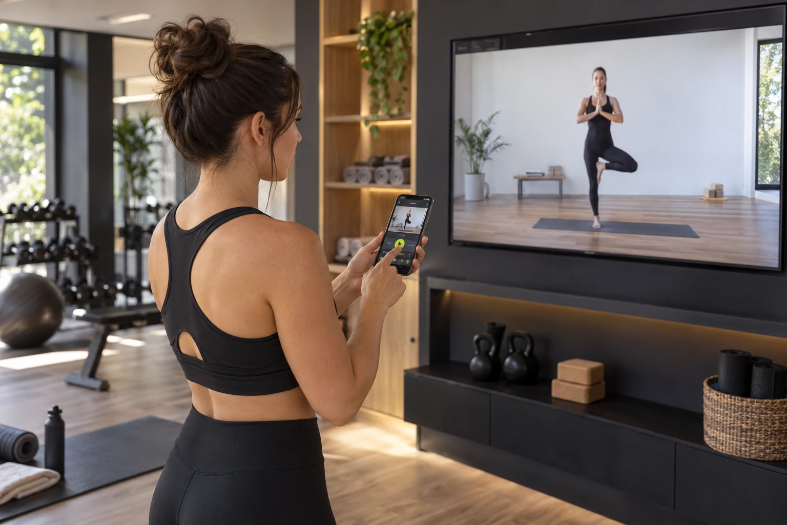 A woman choosing a fitness class on her phone and playing it on her facility’s TV